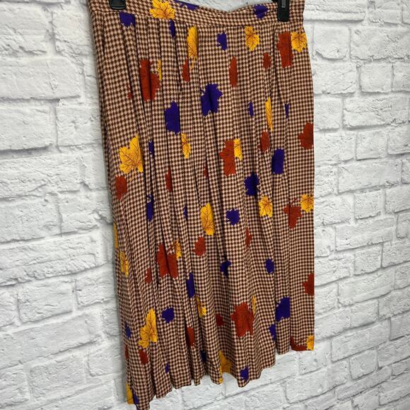 Vintage Houndstooth A-Line Midi Skirt Size 16 Brown Leaves Pleated Made in USA - Picture 3 of 6